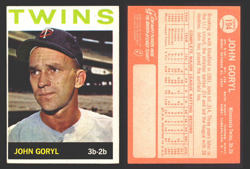 1964 Topps Baseball Trading Card You Pick Singles #100-#199 VG/EX #	194 John Goryl - Minnesota Twins  - TvMovieCards.com