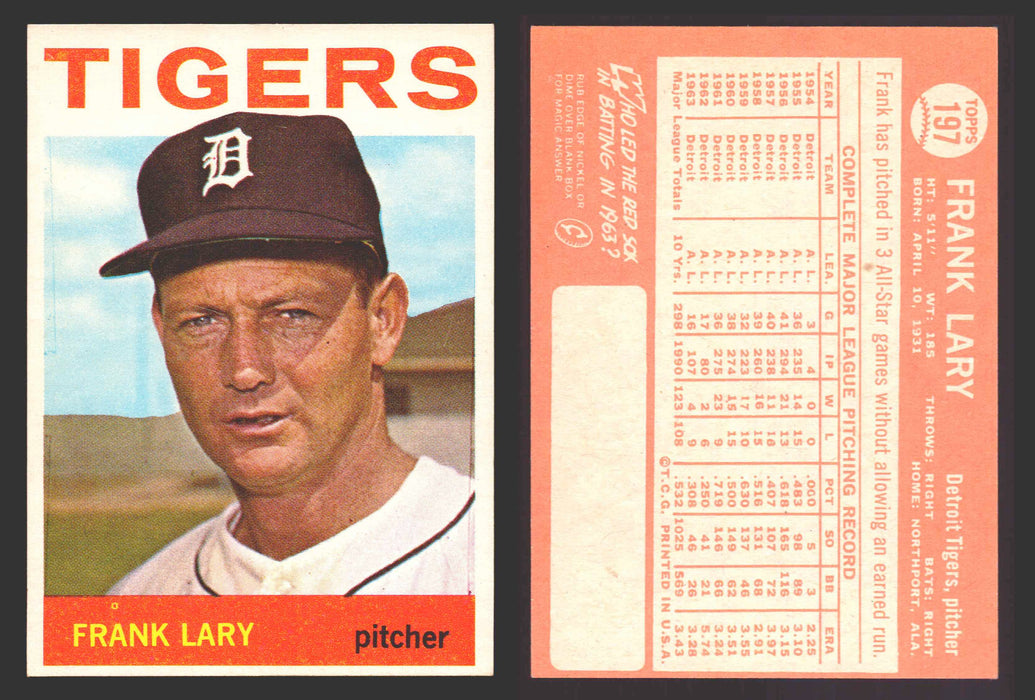 1964 Topps Baseball Trading Card You Pick Singles #100-#199 VG/EX #	197 Frank Lary - Detroit Tigers  - TvMovieCards.com