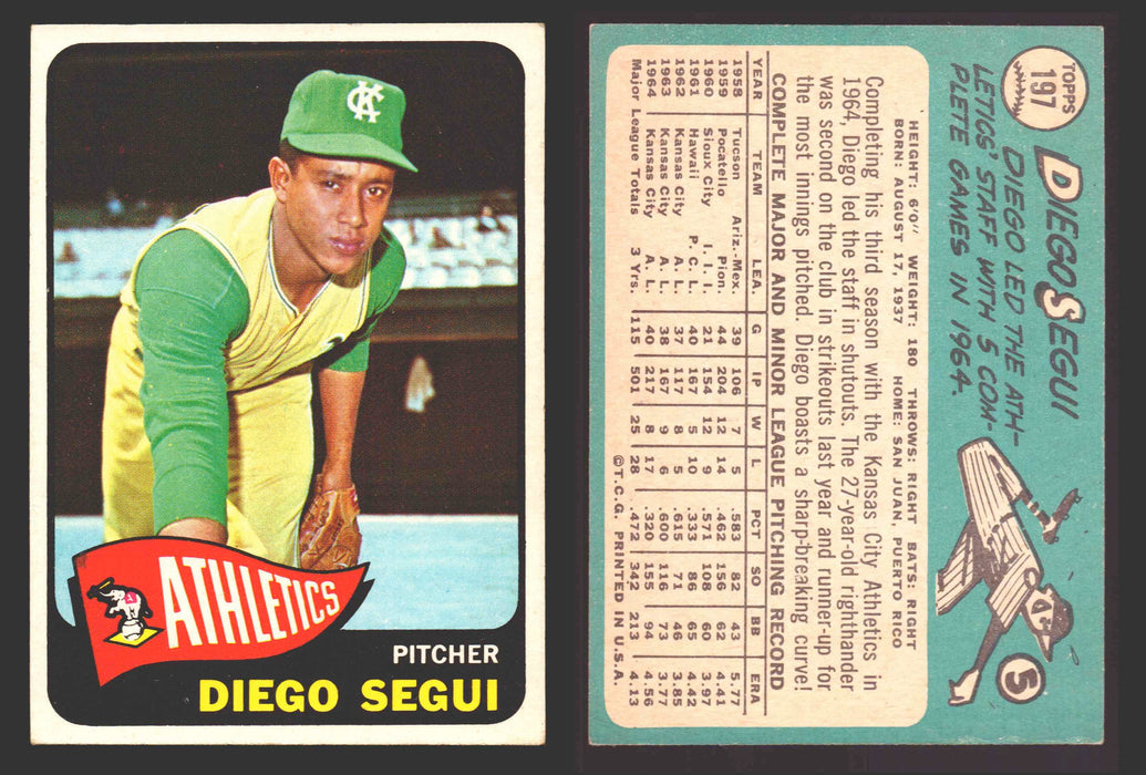 1965 Topps Baseball Trading Card You Pick Singles #100-#199 VG/EX #	197 Diego Segui - Kansas City Athletics  - TvMovieCards.com
