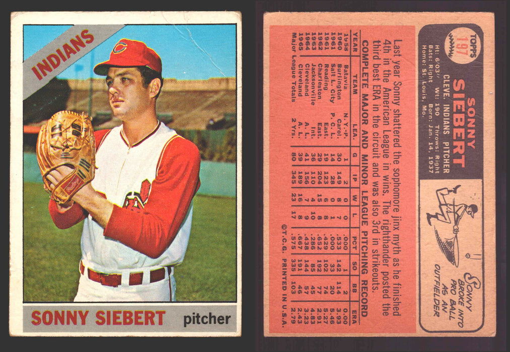 1966 Topps Baseball Trading Card You Pick Singles #100-#399 VG/EX #	197 Sonny Siebert - Cleveland Indians (creased)  - TvMovieCards.com