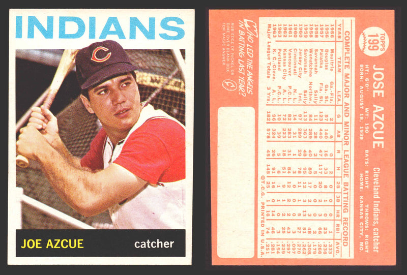 1964 Topps Baseball Trading Card You Pick Singles #100-#199 VG/EX #	199 Joe Azcue - Cleveland Indians  - TvMovieCards.com