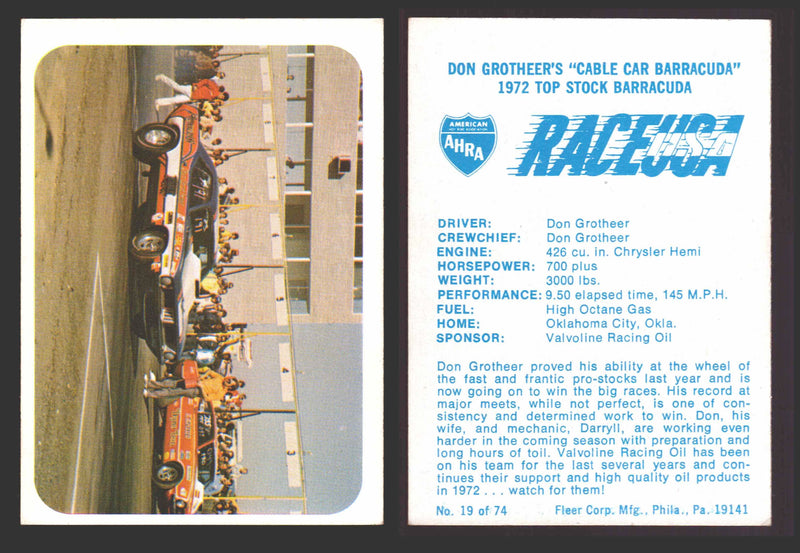 Race USA AHRA Drag Champs 1973 Fleer Vintage Trading Cards You Pick Singles 19 of 74   Don Grotheer's Cable Car Carracuda  - TvMovieCards.com