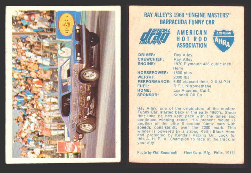AHRA Official Drag Champs 1971 Fleer Vintage Trading Cards You Pick Singles #1-6 19 Ray Alley's 1969 "Engine Masters" Barracuda Funny Car - TvMovieCards.com