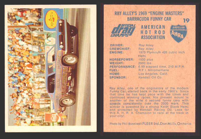AHRA Official Drag Champs 1971 Fleer Canada Trading Cards You Pick Singles #1-63 19   Ray Alley's 1969 "Engine Masters"                Barracuda Funny Car  - TvMovieCards.com