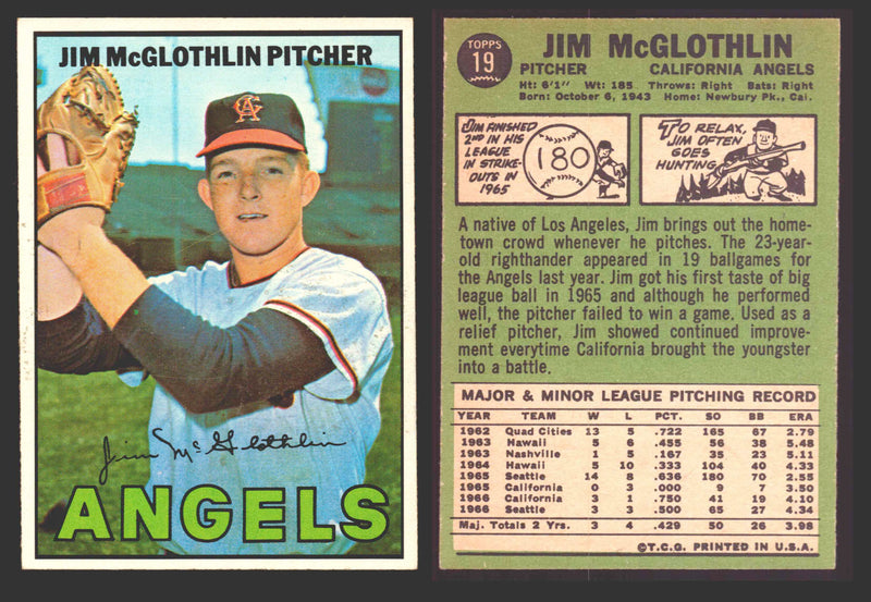 1967 Topps Baseball Trading Card You Pick Singles #1-#99 VG/EX #	19 Jim McGlothlin - California Angels  - TvMovieCards.com