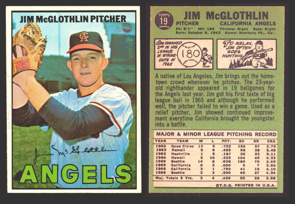 1967 Topps Baseball Trading Card You Pick Singles #1-#99 VG/EX #	19 Jim McGlothlin - California Angels  - TvMovieCards.com