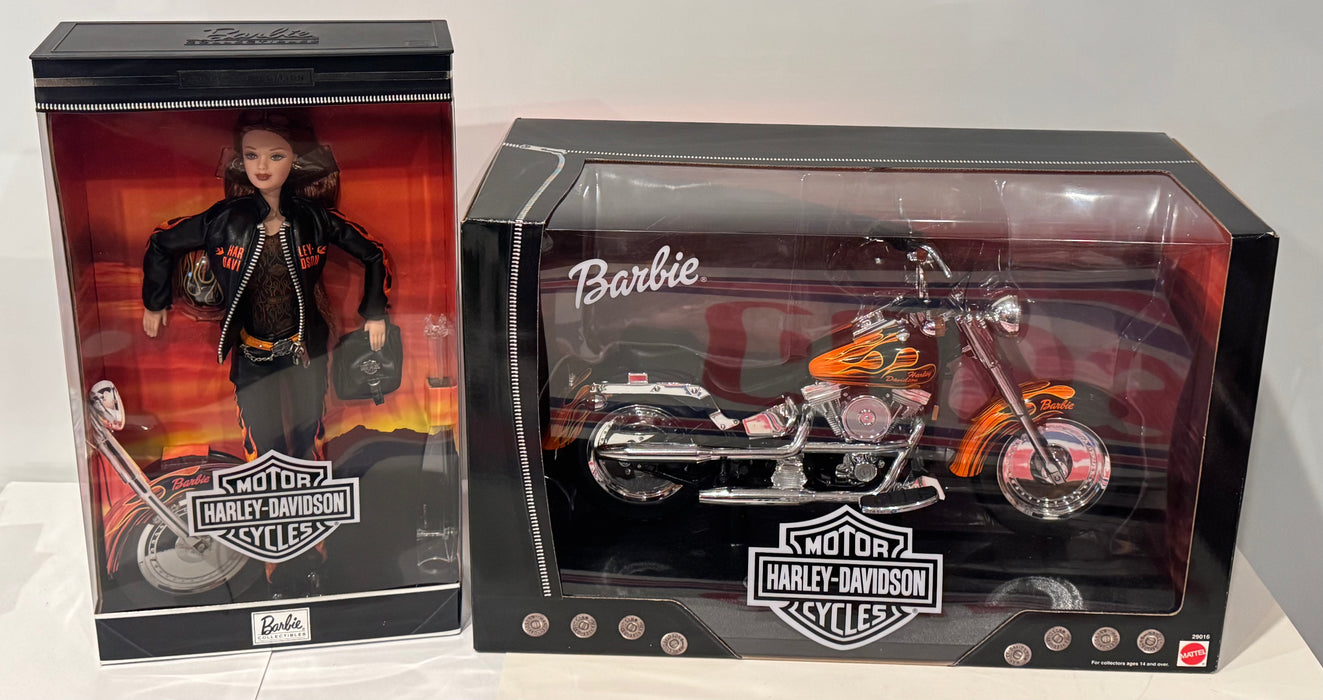 1999 Mattel Barbie #29207 & Harley Davidson Fat Boy Motorcycle Flames 29016 NIB