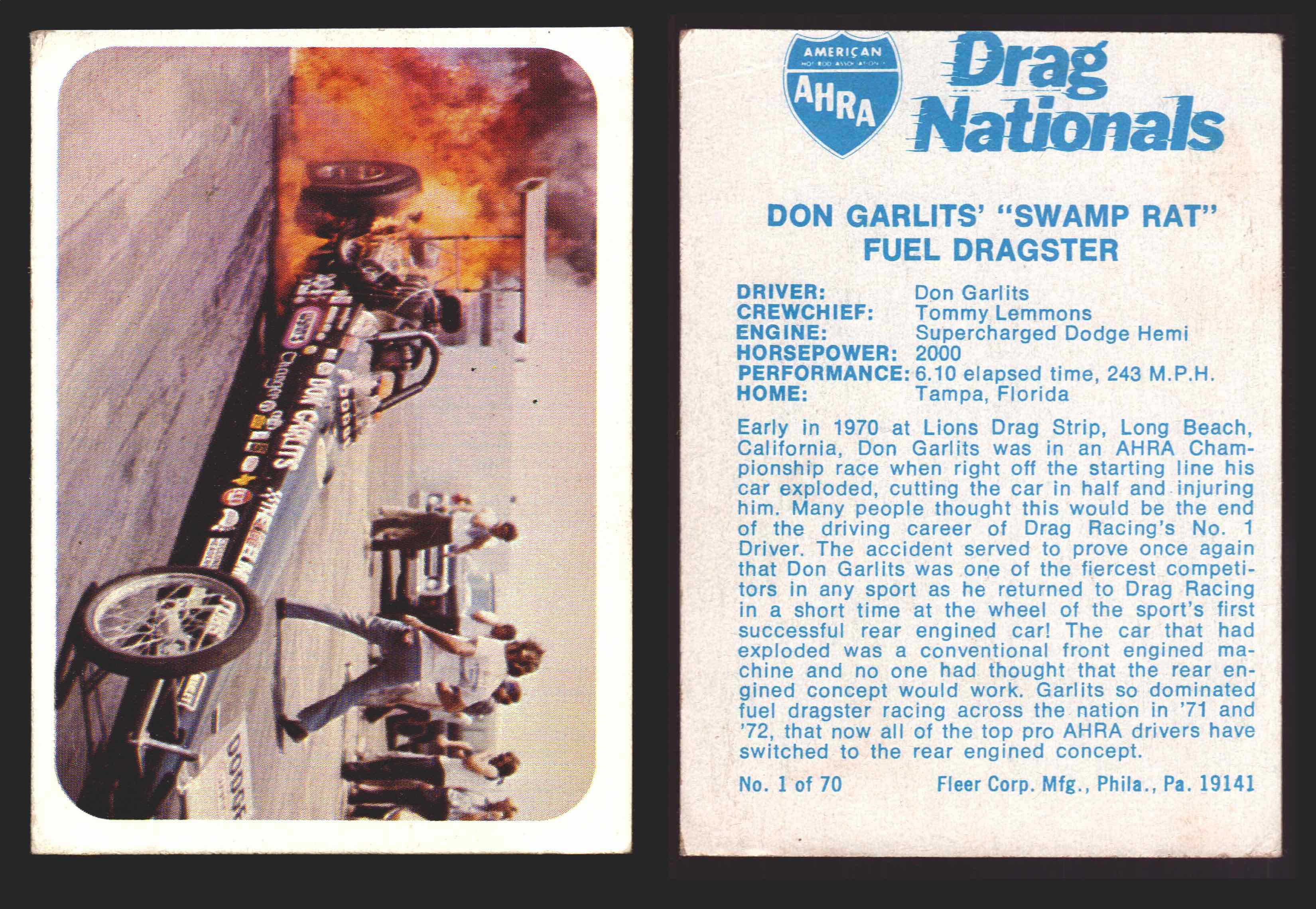 AHRA Drag Nationals 1971 Fleer USA White Trading Cards You Pick