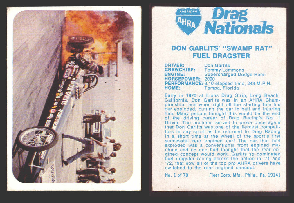AHRA Drag Nationals 1971 Fleer USA White Trading Cards You Pick Singles #1-70 1 of 70   Don Garlits' "Swamp Rat"        Fuel Dragster  - TvMovieCards.com