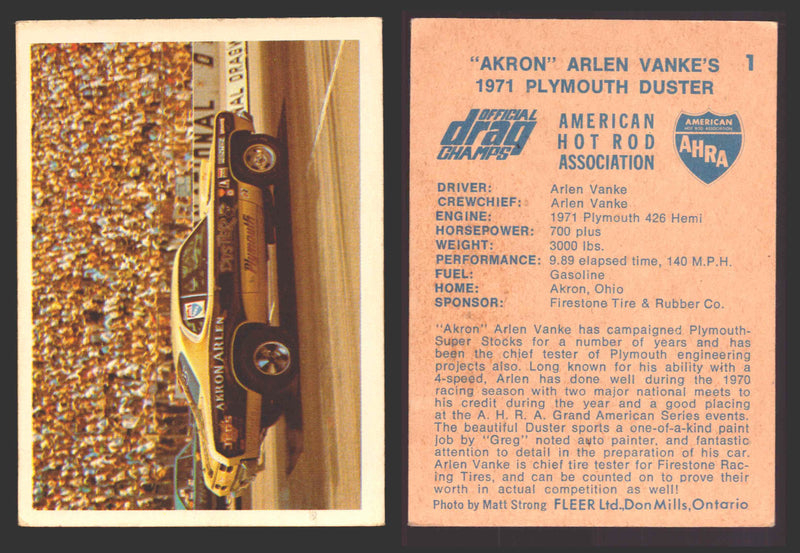 AHRA Official Drag Champs 1971 Fleer Canada Trading Cards You Pick Singles #1-63 1   "Akron" Arlen Vanke's                            1971 Plymouth Duster  - TvMovieCards.com