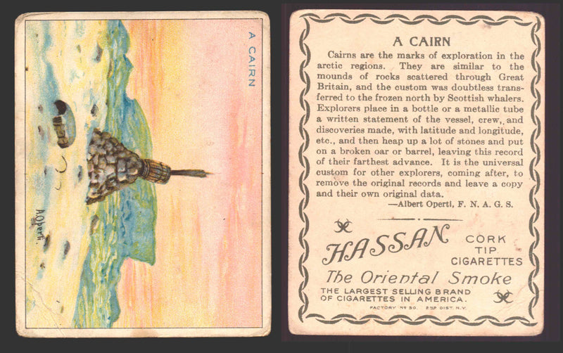 1910 T30 Hassan Tobacco Cigarettes Arctic Scenes Vintage Trading Cards Singles #1 A Cairn  - TvMovieCards.com