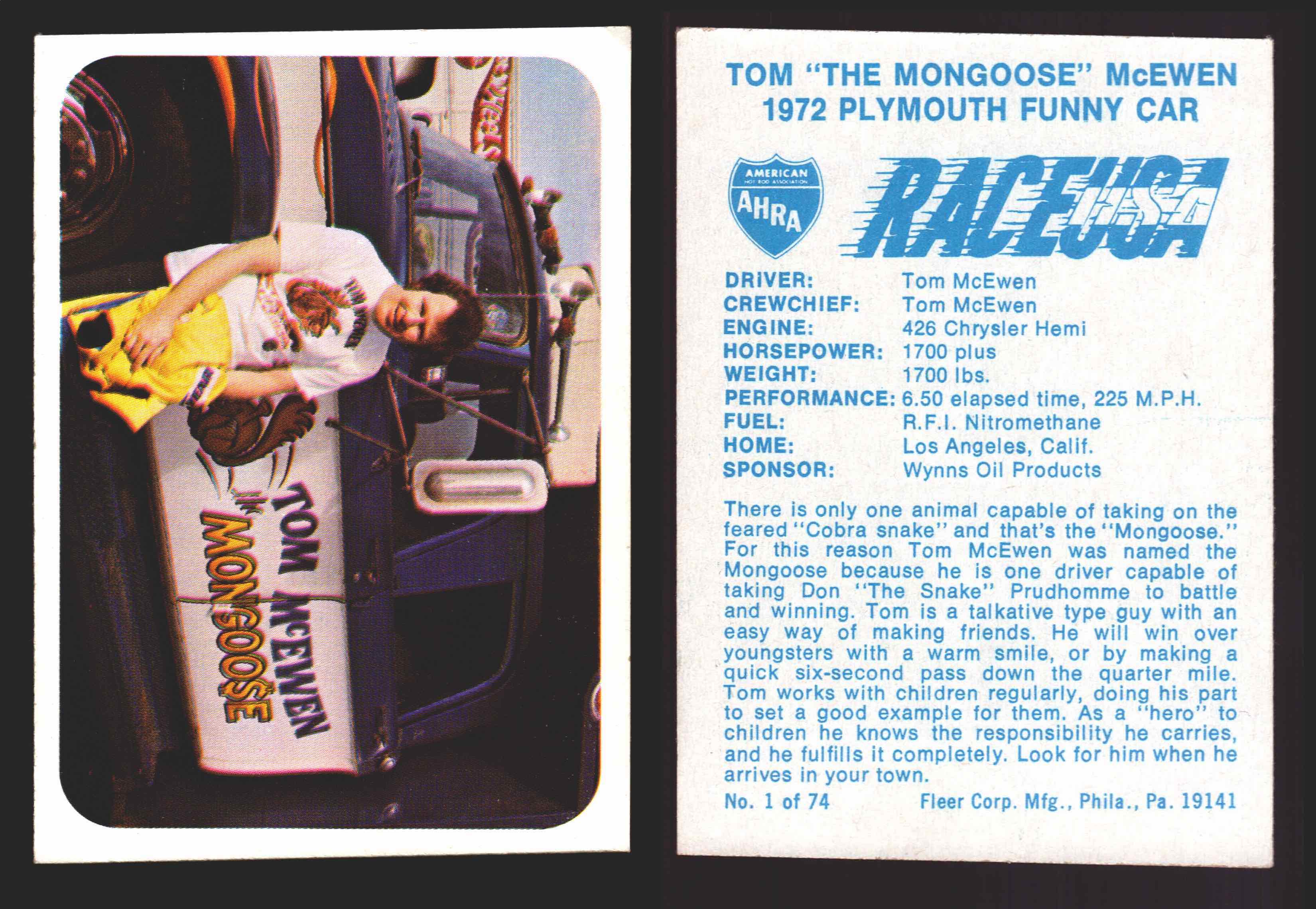 アメリカントレイン　洗車カード　激レア Race USA AHRA Drag Champs 1973 Fleer Vintage Trading Cards You