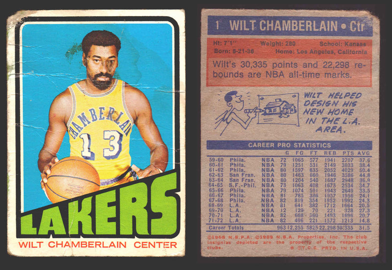 1971-72 Topps Basketball Trading Card You Pick Singles #1-#253 VG/EX #	1 Wilt Chamberlain - Los Angeles Lakers (poor)  - TvMovieCards.com