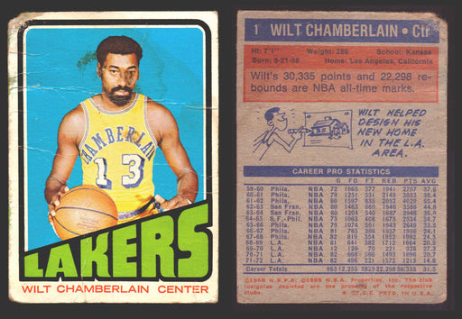 1971-72 Topps Basketball Trading Card You Pick Singles #1-#253 VG/EX #	1 Wilt Chamberlain - Los Angeles Lakers (poor)  - TvMovieCards.com