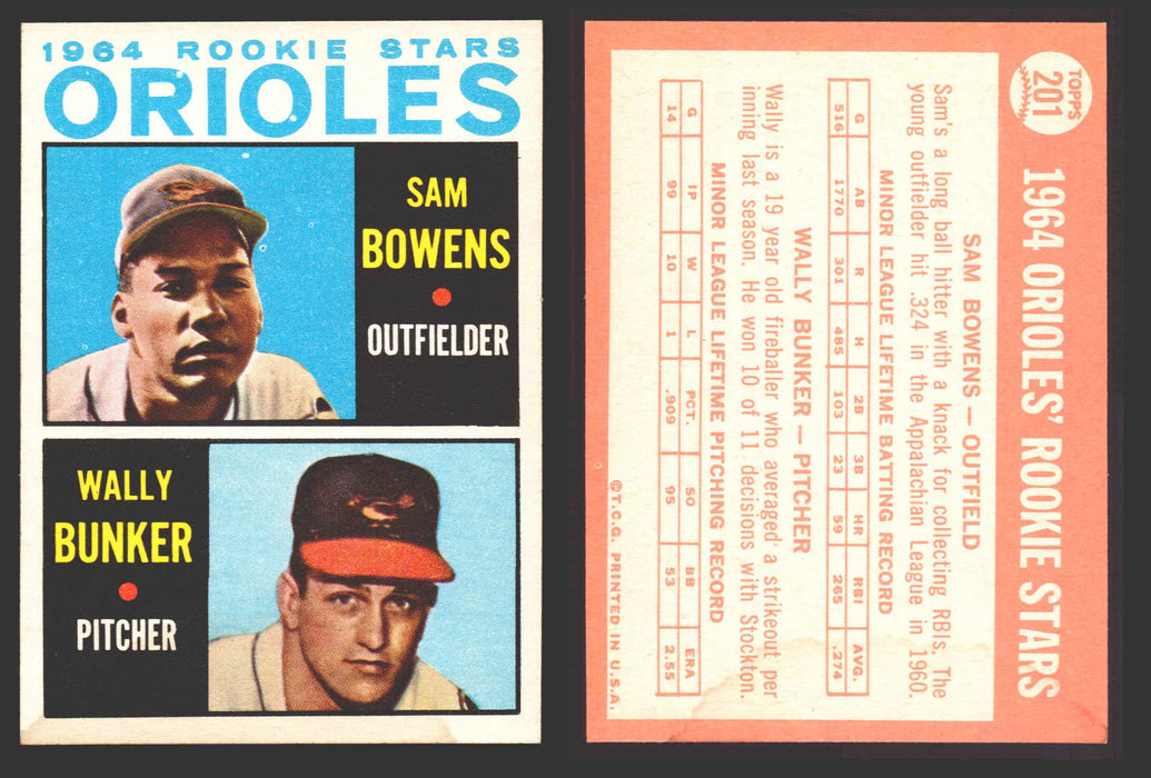 1964 Topps Baseball Trading Card You Pick Singles #200-#299 VG/EX #	201 Orioles Rookies - Sam Bowens / Wally Bunker RC  - TvMovieCards.com