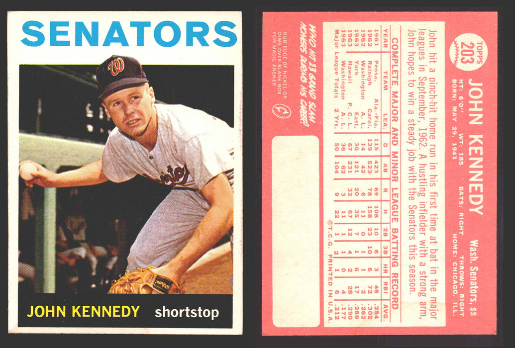 1964 Topps Baseball Trading Card You Pick Singles #200-#299 VG/EX #	203 John Kennedy - Washington Senators RC  - TvMovieCards.com