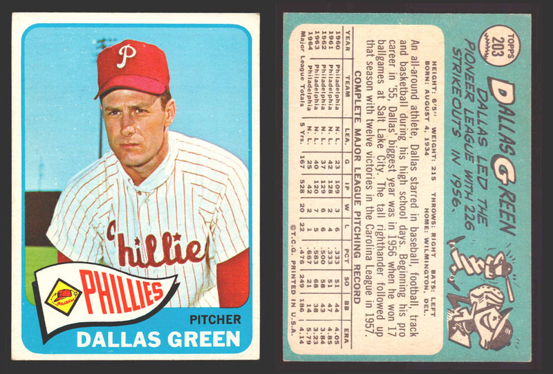 1965 Topps Baseball Trading Card You Pick Singles #200-#299 VG/EX #	203 Dallas Green - Philadelphia Phillies  - TvMovieCards.com