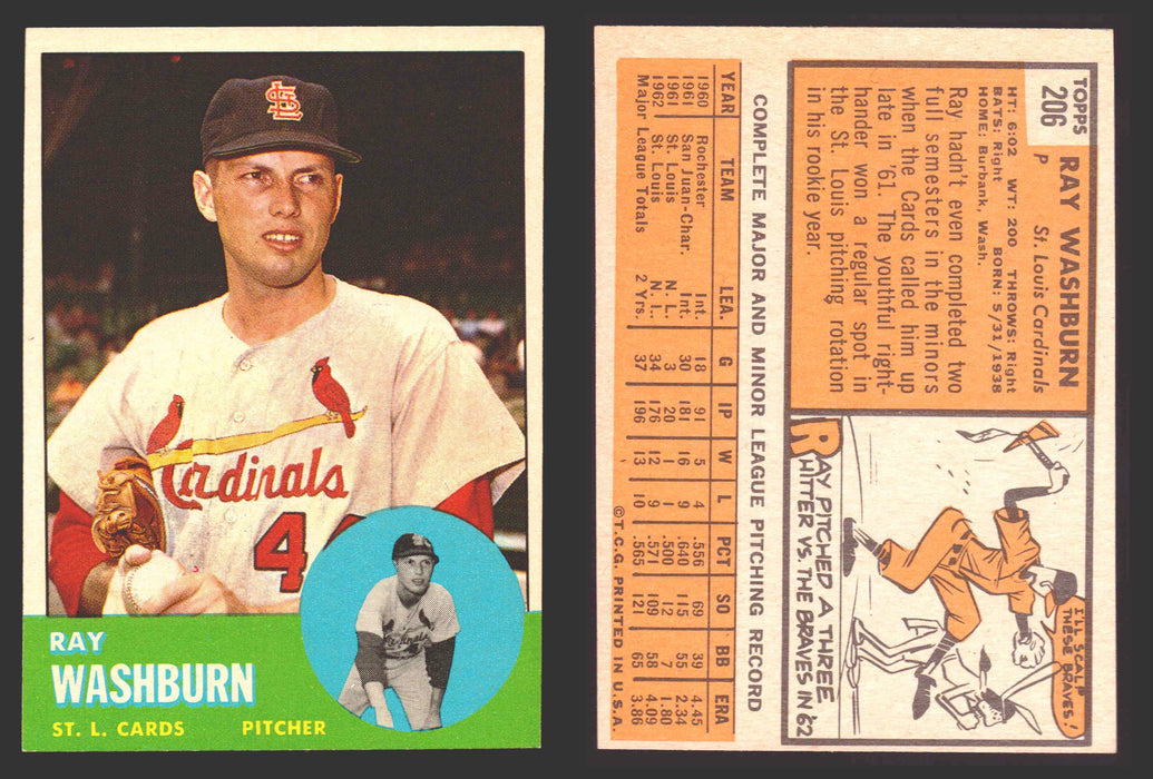 1963 Topps Baseball Trading Card You Pick Singles #200-#299 VG/EX #	206 Ray Washburn - St. Louis Cardinals  - TvMovieCards.com