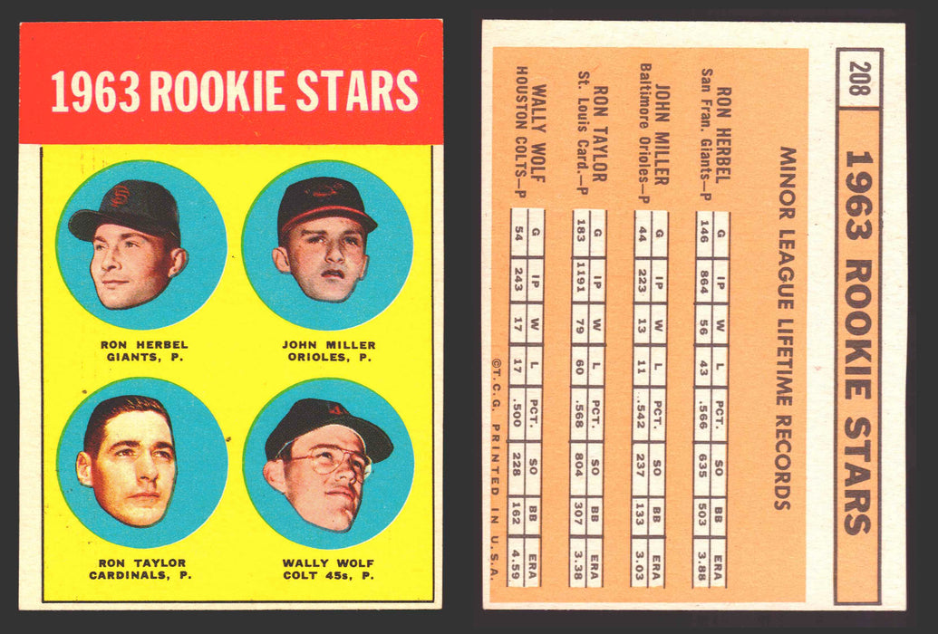 1963 Topps Baseball Trading Card You Pick Singles #200-#299 VG/EX #	208 1963 Rookie Stars - Ron Herbel / John Miller / Ron Taylor / Wally Wolf RC  - TvMovieCards.com