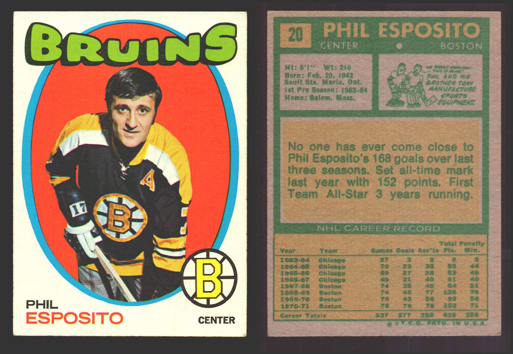 1971-72 Topps NHL Hockey Trading Card You Pick Singles #1-#123 VG/EX #	20 Phil Esposito  - TvMovieCards.com