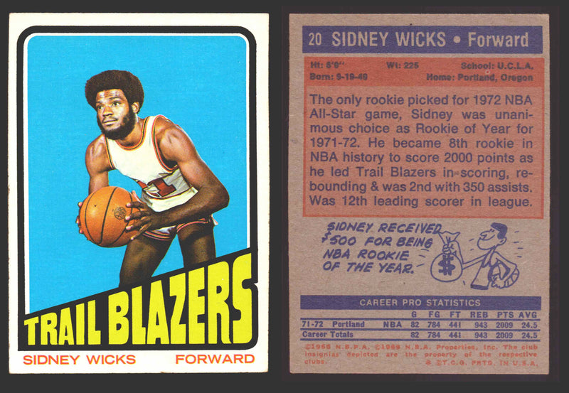 1971-72 Topps Basketball Trading Card You Pick Singles #1-#253 VG/EX #	20 Sidney Wicks - Portland Trail Blazers RC  - TvMovieCards.com