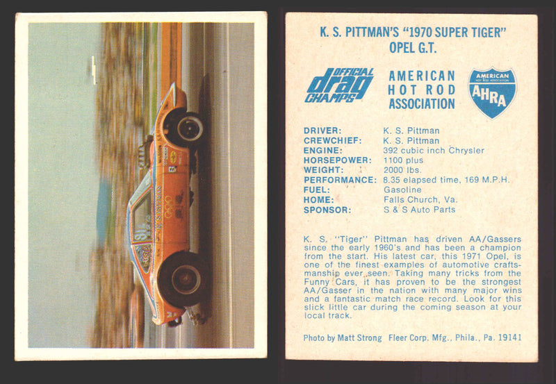 AHRA Official Drag Champs 1971 Fleer Vintage Trading Cards You Pick Singles #1-6 20 K. S. Pittman's "1970 Super Tiger" Open G.T. - TvMovieCards.com