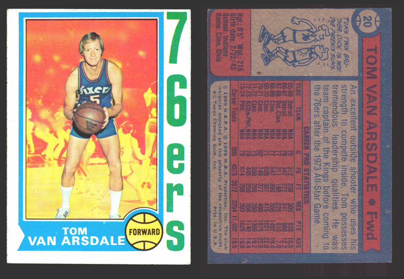 1974-75 Topps Basketball Trading Card You Pick Singles #1-#99 VG/EX #	20 Tom Van Arsdale - Philadelphia 76ers  - TvMovieCards.com