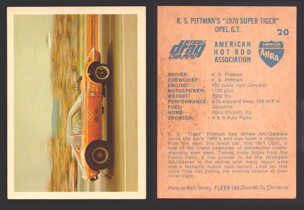 AHRA Official Drag Champs 1971 Fleer Canada Trading Cards You Pick Singles #1-63 20   K. S. Pittman's "1970 Super Tiger"               Open G.T.  - TvMovieCards.com