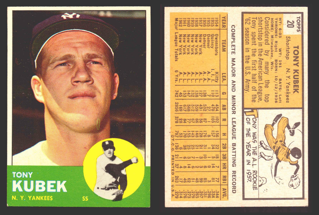 1963 Topps Baseball Trading Card You Pick Singles #1-#99 VG/EX #	20 Tony Kubek - New York Yankees  - TvMovieCards.com