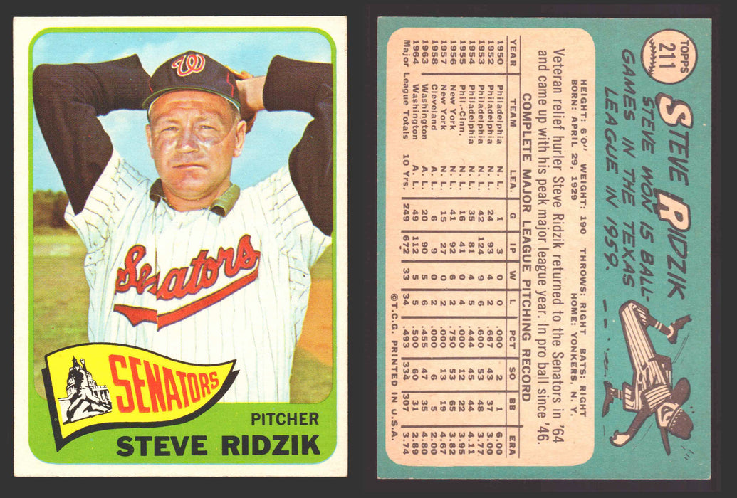 1965 Topps Baseball Trading Card You Pick Singles #200-#299 VG/EX #	211 Steve Ridzik - Washington Senators  - TvMovieCards.com