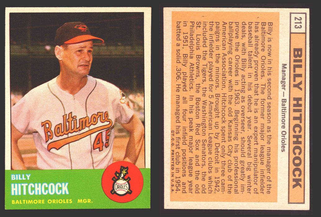 1963 Topps Baseball Trading Card You Pick Singles #200-#299 VG/EX #	213 Billy Hitchcock - Baltimore Orioles  - TvMovieCards.com