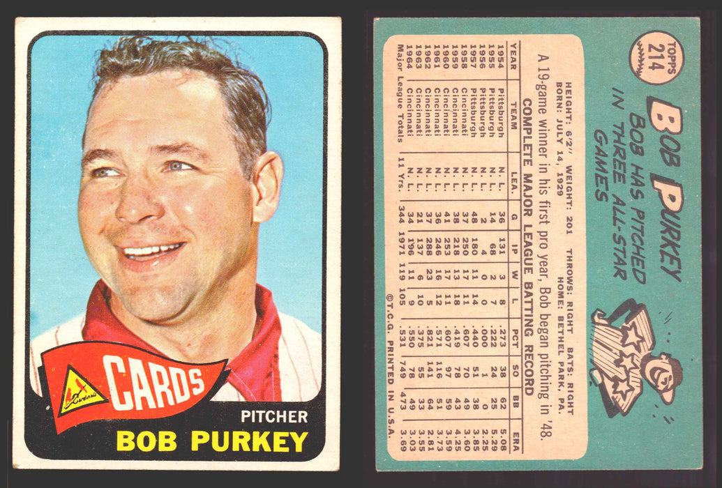 1965 Topps Baseball Trading Card You Pick Singles #200-#299 VG/EX #	214 Bob Purkey - St. Louis Cardinals  - TvMovieCards.com