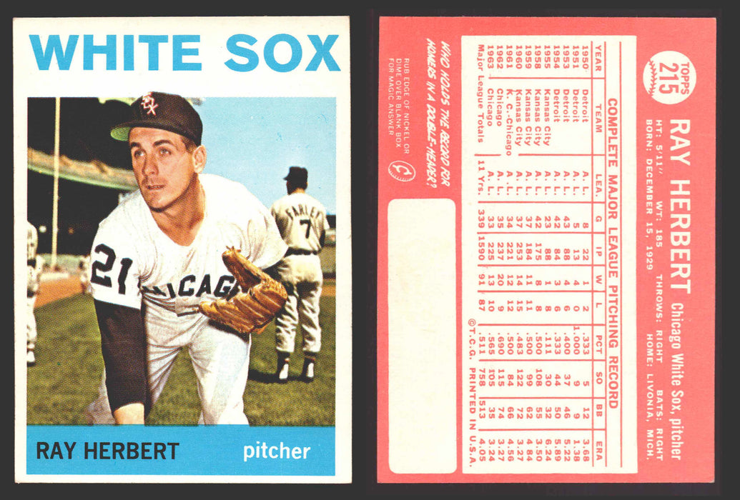1964 Topps Baseball Trading Card You Pick Singles #200-#299 VG/EX #	215 Ray Herbert - Chicago White Sox  - TvMovieCards.com