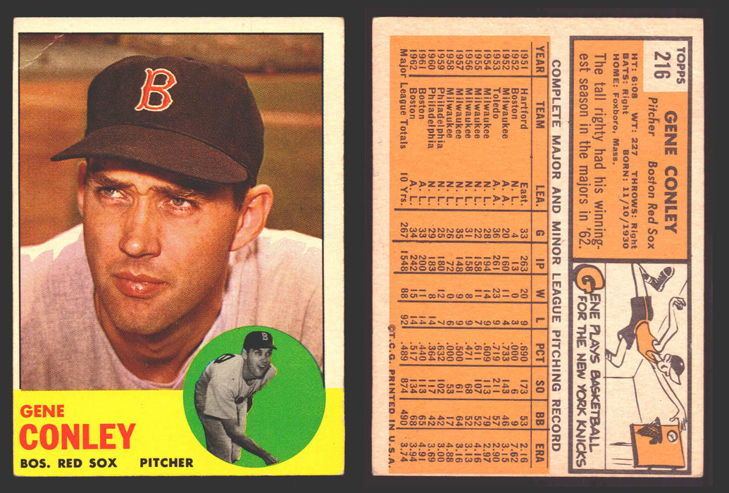 1963 Topps Baseball Trading Card You Pick Singles #200-#299 VG/EX #	216 Gene Conley - Boston Red Sox (creased)  - TvMovieCards.com