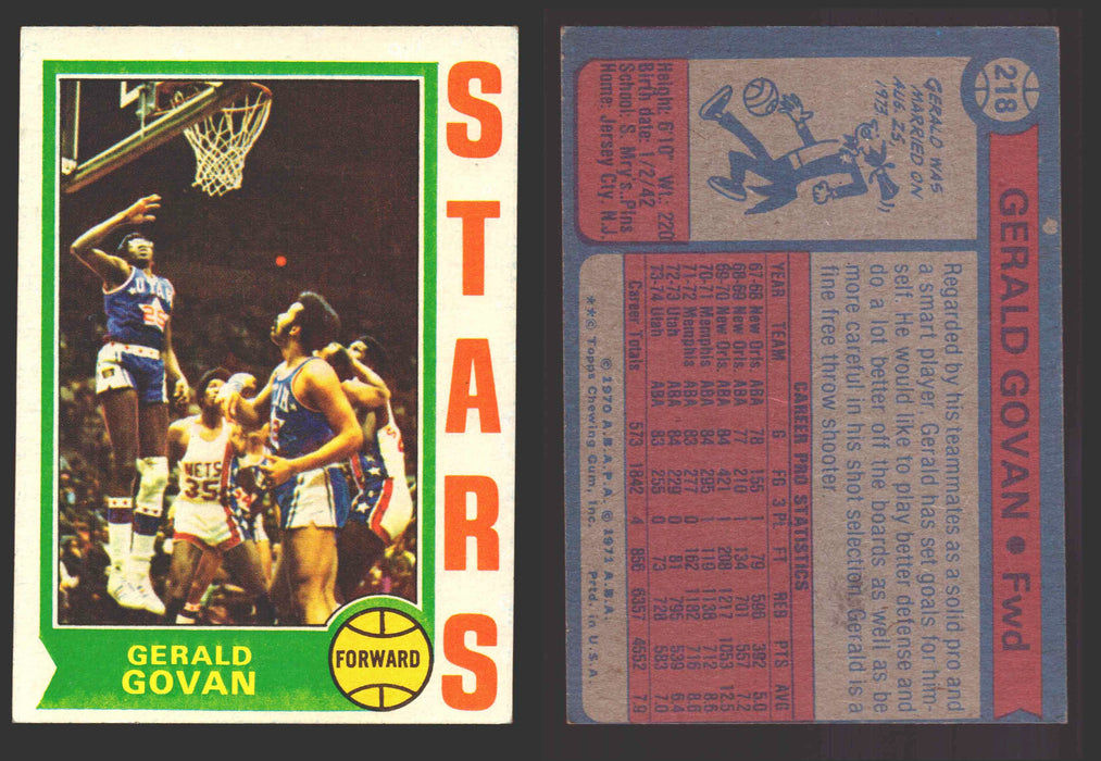 1974-75 Topps Basketball Trading Card You Pick Singles #200-#264 VG/EX #	218 Gerald Govan - Utah Stars  - TvMovieCards.com