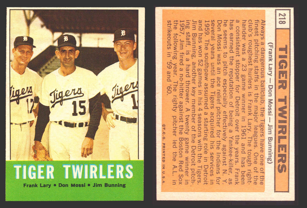 1963 Topps Baseball Trading Card You Pick Singles #200-#299 VG/EX #	218 Tiger Twirlers - Frank Lary / Don Mossi / Jim Bunning  - TvMovieCards.com