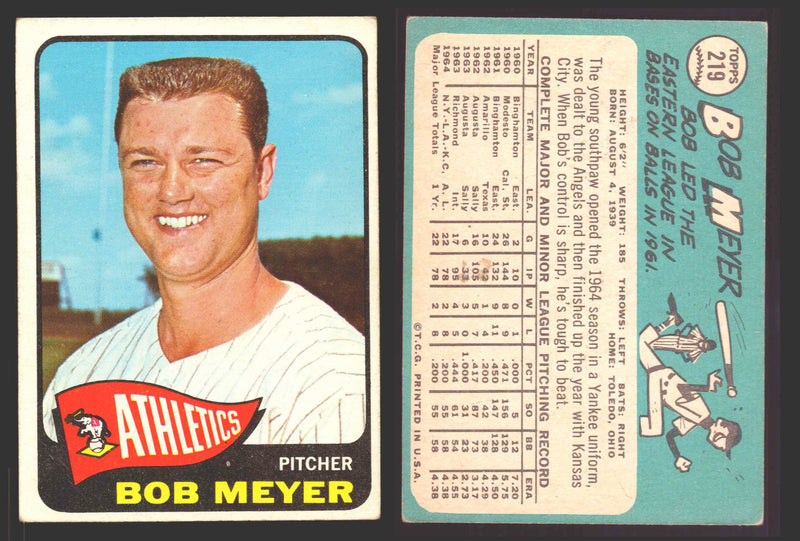 1965 Topps Baseball Trading Card You Pick Singles #200-#299 VG/EX #	219 Bob Meyer - Kansas City Athletics  - TvMovieCards.com