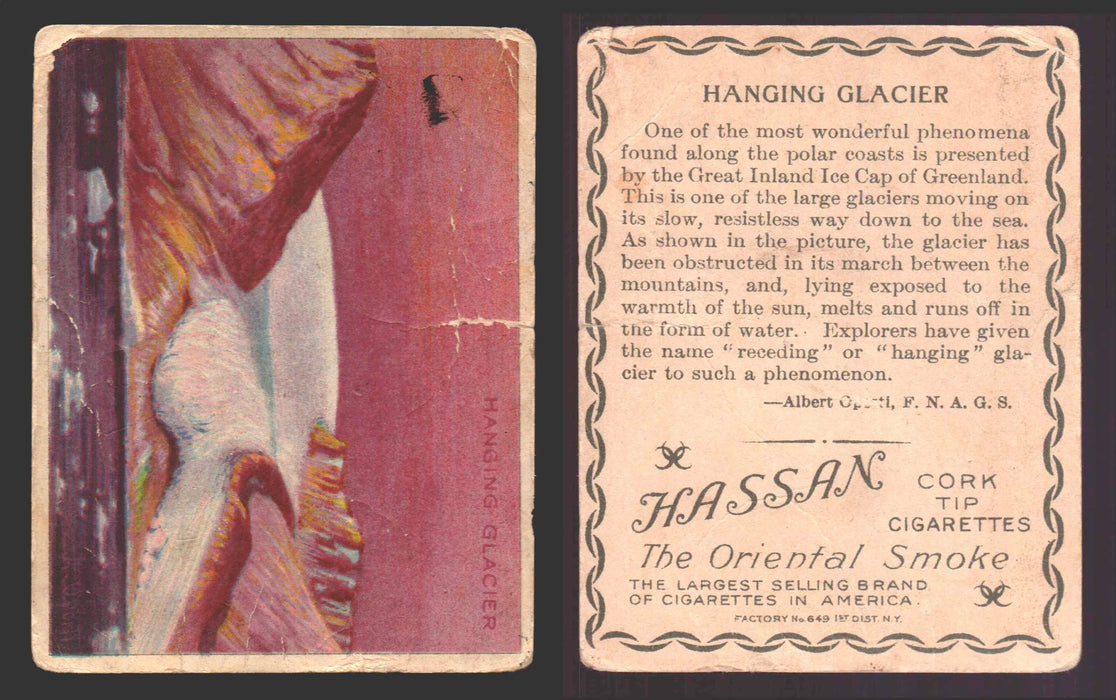 1910 T30 Hassan Tobacco Cigarettes Arctic Scenes Vintage Trading Cards Singles #21 THe Hanging Glacier  - TvMovieCards.com