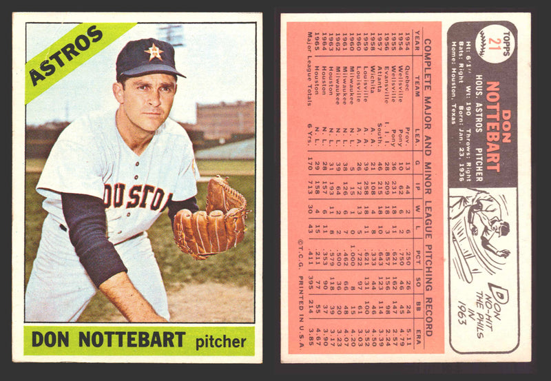 1966 Topps Baseball Trading Card You Pick Singles #1-#99 VG/EX #	21 Don Nottebart - Houston Astros  - TvMovieCards.com