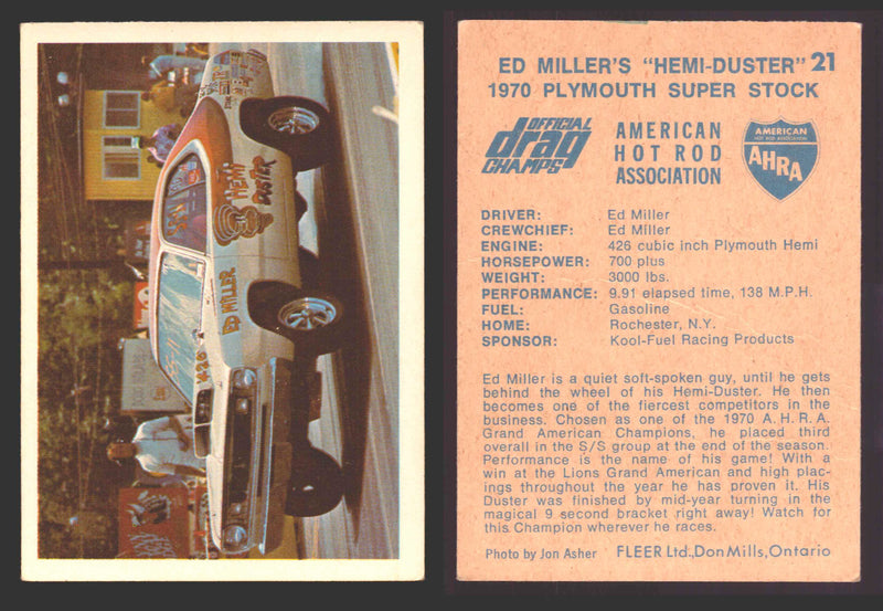 AHRA Official Drag Champs 1971 Fleer Canada Trading Cards You Pick Singles #1-63 21   Ed Miller's "Hemi-Duster"                        1970 Plymouth Super Stock  - TvMovieCards.com