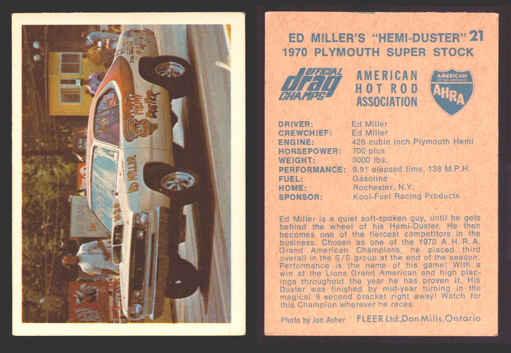 AHRA Official Drag Champs 1971 Fleer Canada Trading Cards You Pick Singles #1-63 21   Ed Miller's "Hemi-Duster"                        1970 Plymouth Super Stock  - TvMovieCards.com