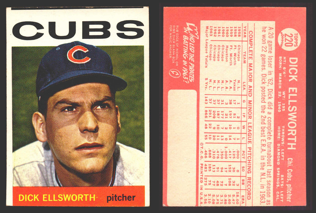 1964 Topps Baseball Trading Card You Pick Singles #200-#299 VG/EX #	220 Dick Ellsworth - Chicago Cubs  - TvMovieCards.com