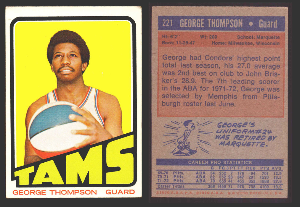 1971-72 Topps Basketball Trading Card You Pick Singles #1-#253 VG/EX #	221 George Thompson - Memphis Tams  - TvMovieCards.com