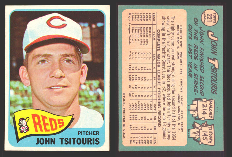 1965 Topps Baseball Trading Card You Pick Singles #200-#299 VG/EX #	221 John Tsitouris - Cincinnati Reds  - TvMovieCards.com