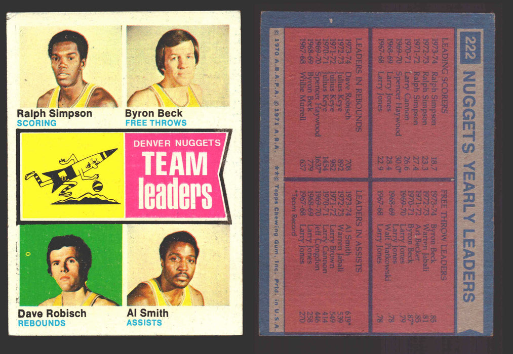 1974-75 Topps Basketball Trading Card You Pick Singles #200-#264 VG/EX #	222 Denver Nuggets Team Leaders  - TvMovieCards.com