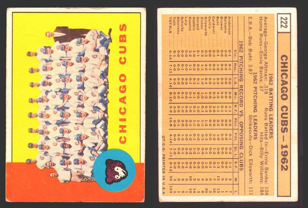 1963 Topps Baseball Trading Card You Pick Singles #200-#299 VG/EX #	222 Chicago Cubs Team - Chicago Cubs  - TvMovieCards.com