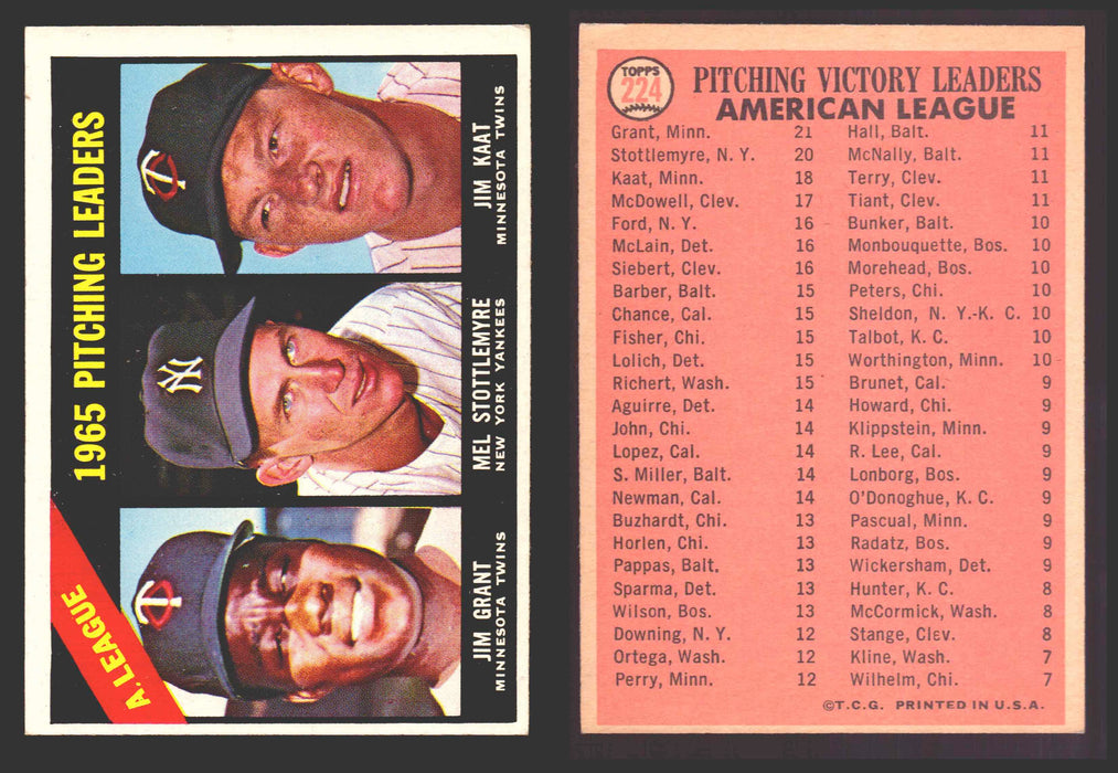 1966 Topps Baseball Trading Card You Pick Singles #100-#399 VG/EX #	224 AL 1965 Pitching Leaders - Mudcat Grant / Mel Stottlemyre / Jim Kaat  - TvMovieCards.com
