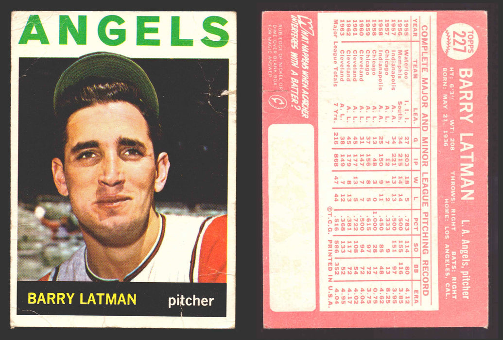 1964 Topps Baseball Trading Card You Pick Singles #200-#299 VG/EX #	227 Barry Latman - Los Angeles Angels (damaged)  - TvMovieCards.com
