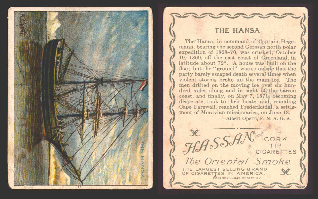 1910 T30 Hassan Tobacco Cigarettes Arctic Scenes Vintage Trading Cards Singles #22 The Hansa  - TvMovieCards.com