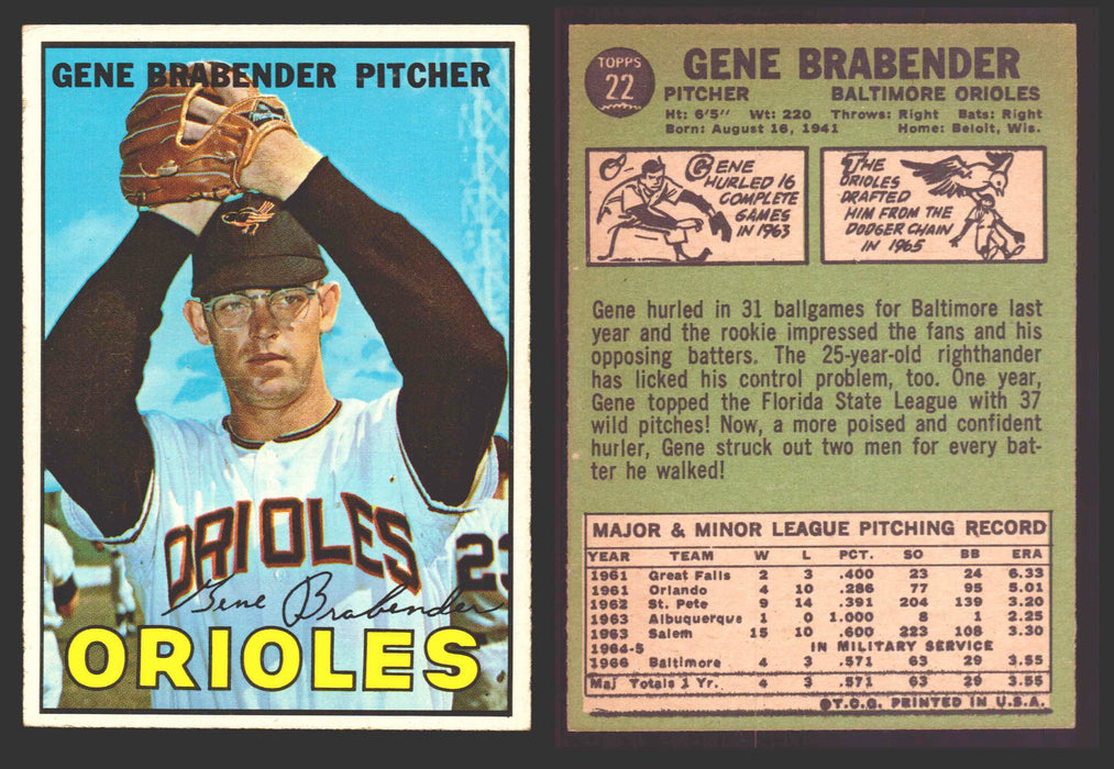 1967 Topps Baseball Trading Card You Pick Singles #1-#99 VG/EX #	22 Gene Brabender - Baltimore Orioles  - TvMovieCards.com